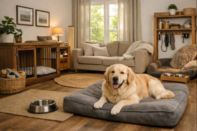 Large dog resting comfortably in a spacious living room with a calm home setup