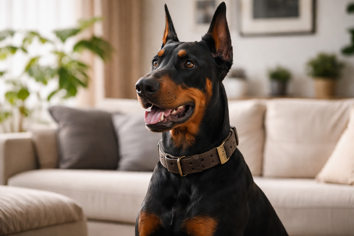 Dobermann sitting calmly indoors in a UK home, showing its loyal and attentive temperament as a large dog