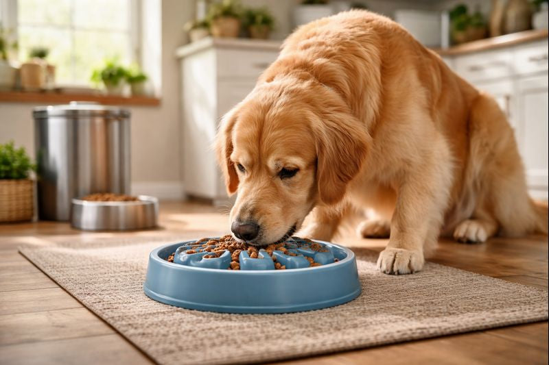 Large dog eating calmly from a slow feeder bowl in a quiet home environment