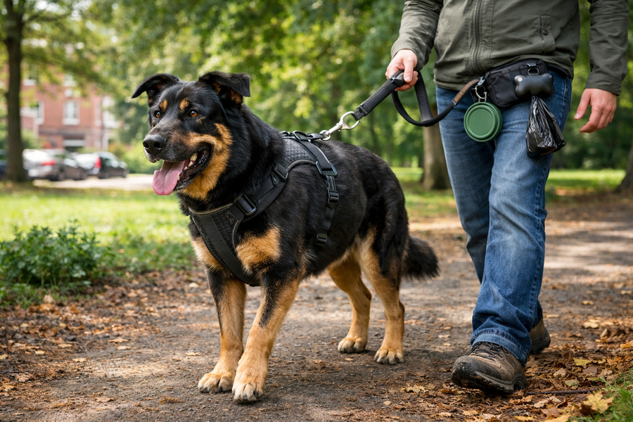 Large dog walking calmly on a lead with its owner in a park during an everyday walk