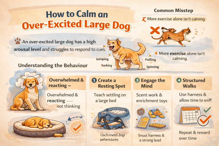 Infographic showing practical tips to calm an over-excited large dog through enrichment, routines, and calm training.