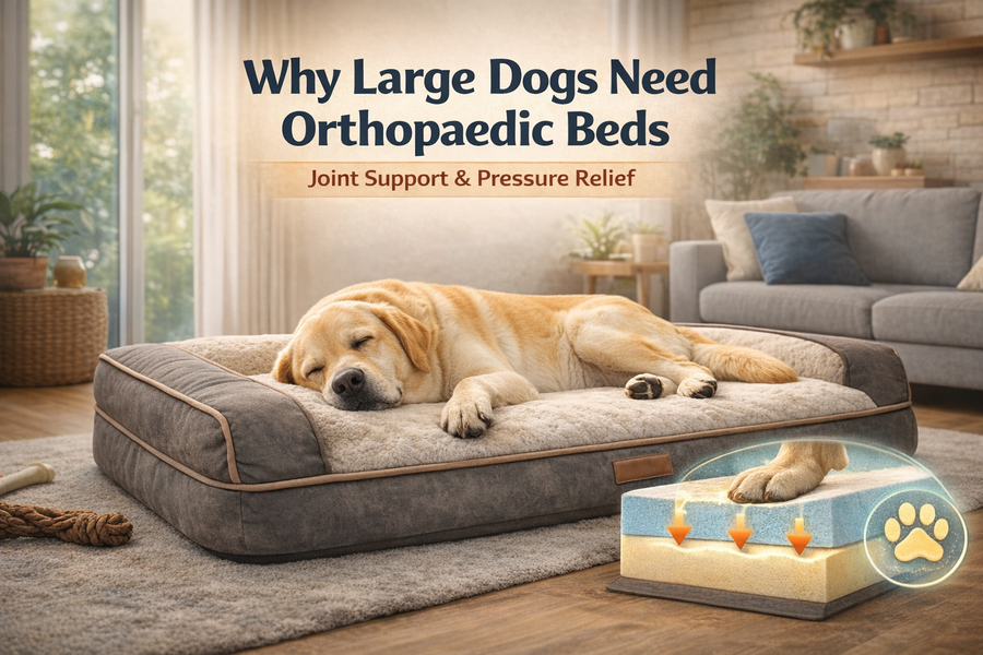 Visual guide showing how orthopaedic beds support joints and pressure points in large dog breeds.